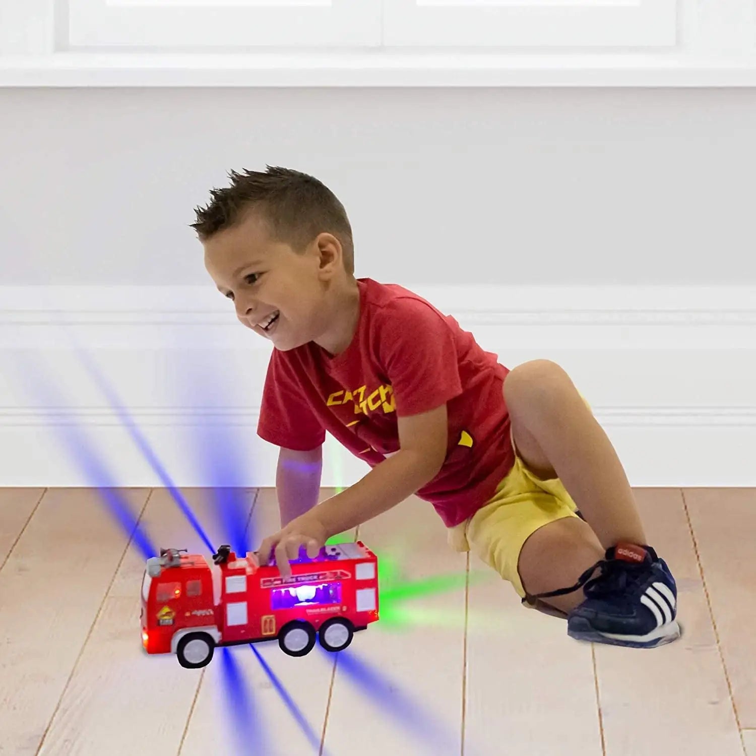 Electric Fire Truck Kids Toy - With Bright Flashing 4D Lights & Real Siren Sounds | Bump And Go Firetruck For Boys | Automatic Steering On Contact | Fire Engine Toy Trucks For Imaginative Play