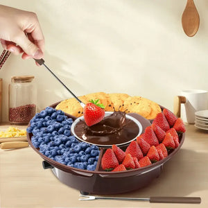 Electric Fondue Pot Set - Chocolate Fondue Kit - Temperature Control, Detachable Serving Trays, & 4 Roasting Forks - Gift Set & Date Night Idea. Serve At Movie Night Or Game Night.