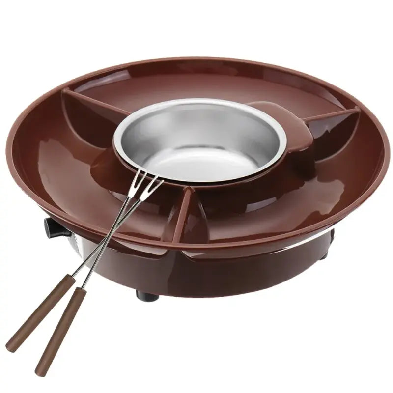 Electric Fondue Pot Set - Chocolate Fondue Kit - Temperature Control, Detachable Serving Trays, & 4 Roasting Forks - Gift Set & Date Night Idea. Serve At Movie Night Or Game Night.