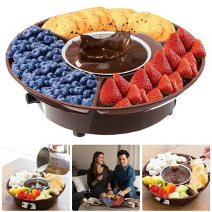 Electric Fondue Pot Set - Chocolate Fondue Kit - Temperature Control, Detachable Serving Trays, & 4 Roasting Forks - Gift Set & Date Night Idea. Serve At Movie Night Or Game Night.