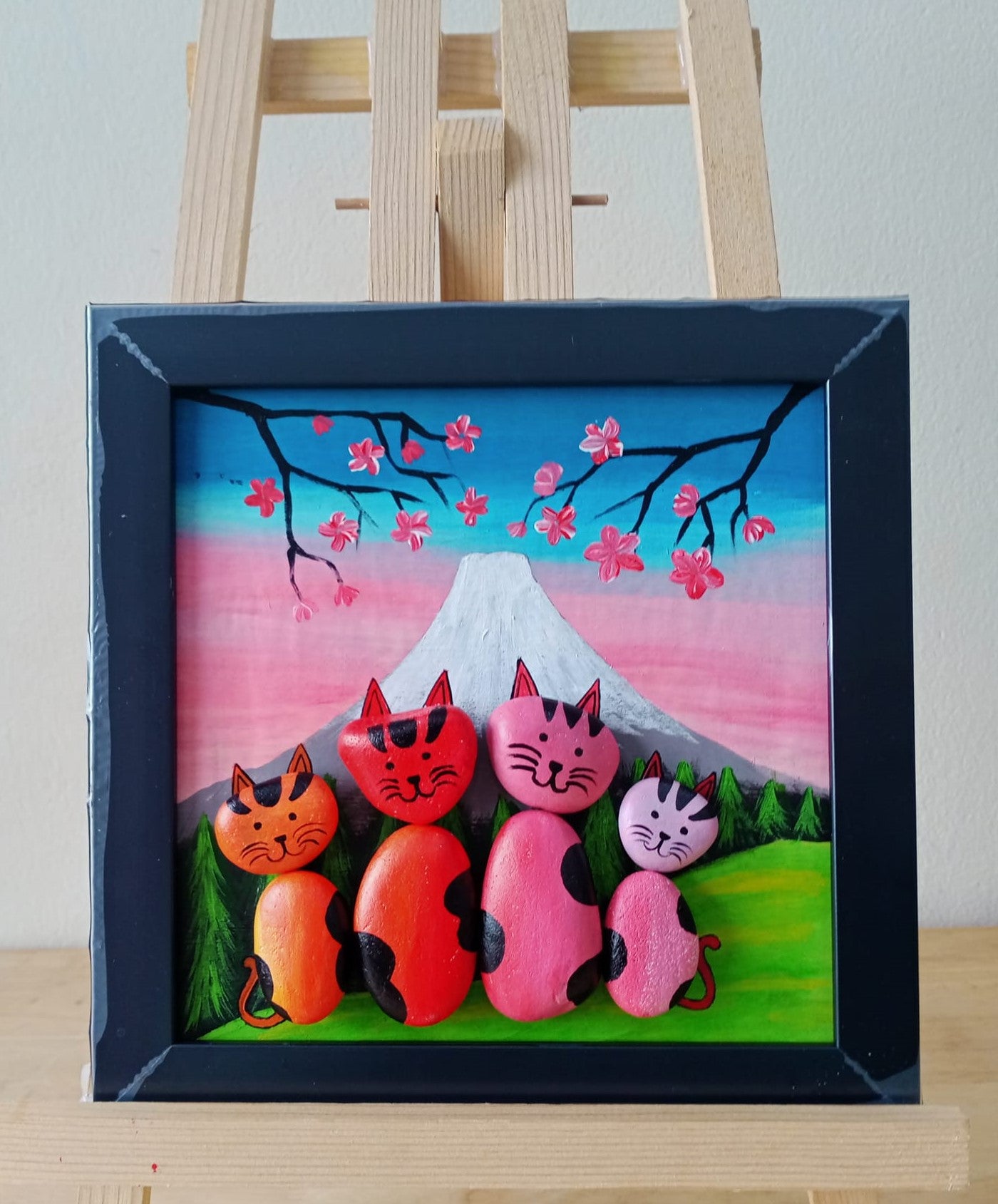 Handcrafted Stone Artwork Featuring Adorable Cat Design