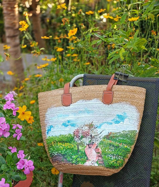Handcrafted Woven Straw Bag Hand-Painted With Scenic Landscapes