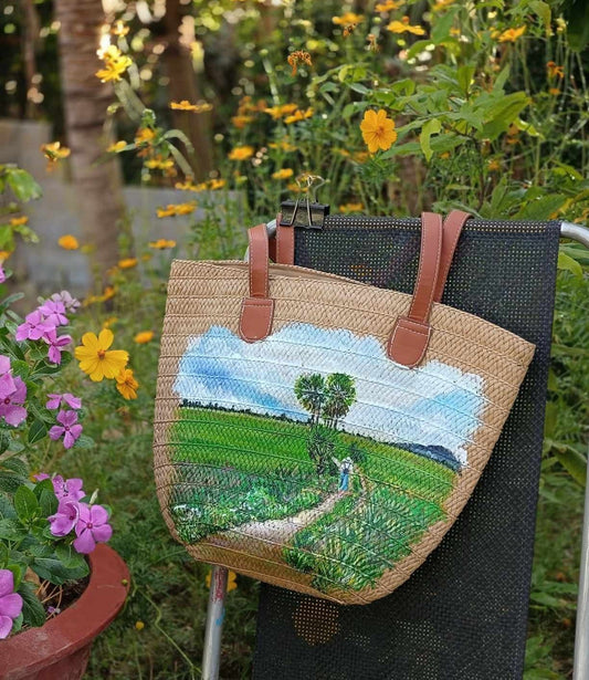 Handcrafted Woven Straw Bag Hand-Painted With Scenic Landscapes