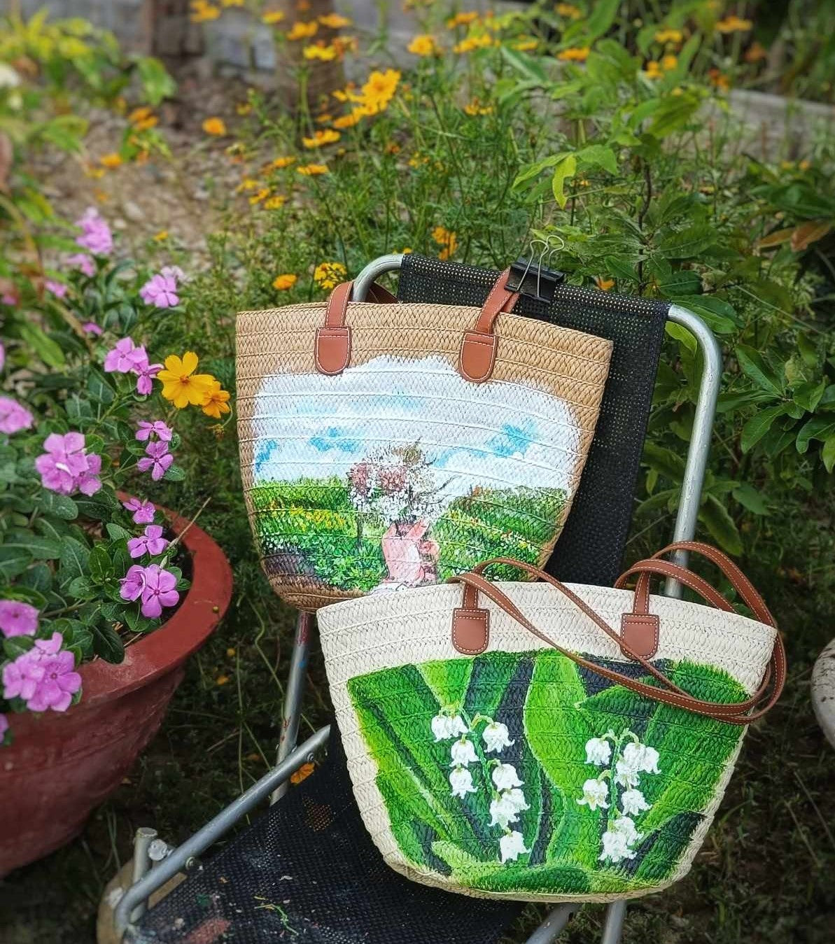 Handcrafted Woven Straw Bag Hand-Painted With Scenic Landscapes