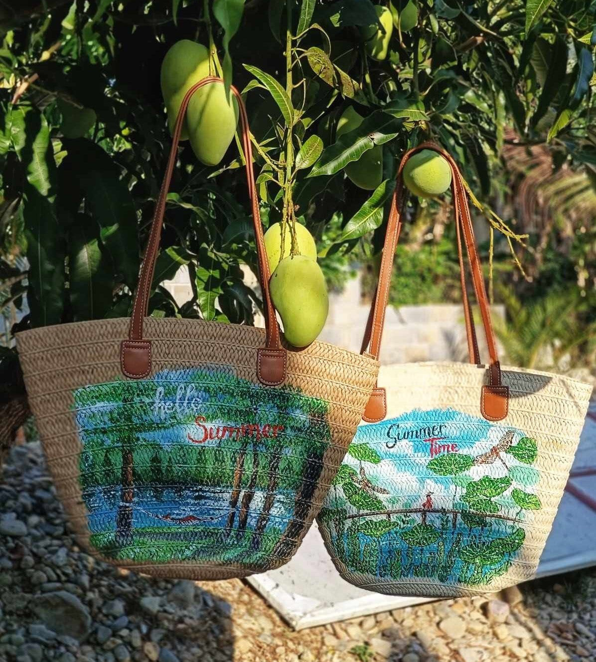 Handcrafted Woven Straw Bag Hand-Painted With Scenic Landscapes