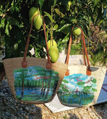 Handcrafted Woven Straw Bag Hand-Painted With Scenic Landscapes