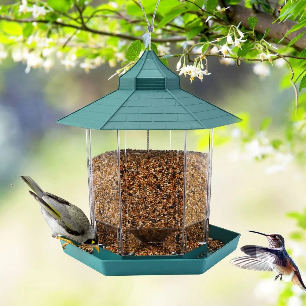 Hanging Bird Feeder Copper Roof Weather Resistant Design