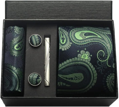 Silk Paisley Necktie Pocket Square Cufflinks Tie Clip Gift Set