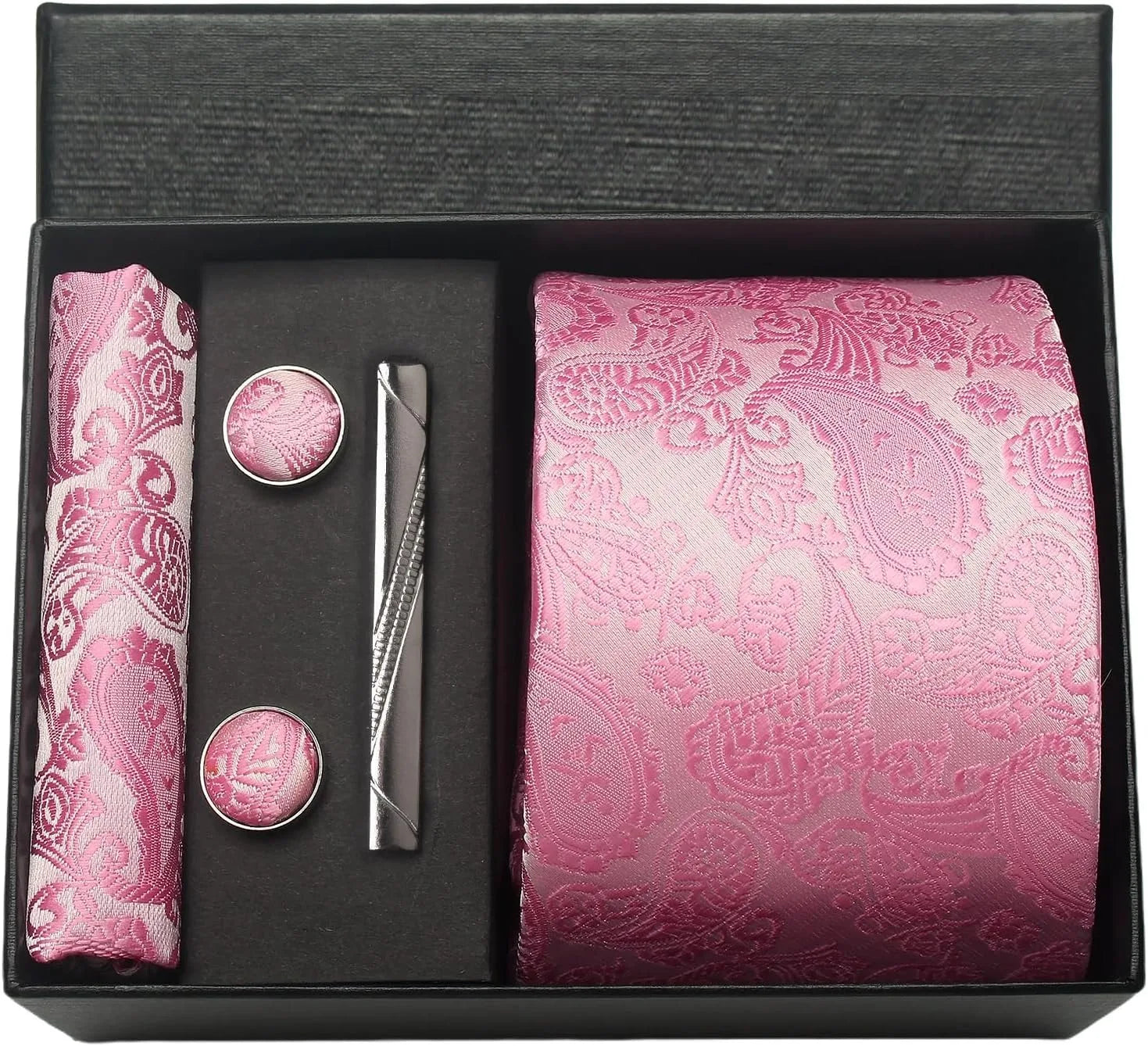 Silk Paisley Necktie Pocket Square Cufflinks Tie Clip Gift Set