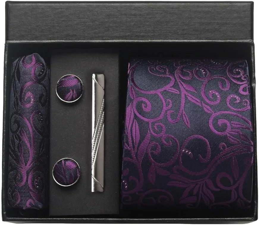 Silk Paisley Necktie Pocket Square Cufflinks Tie Clip Gift Set