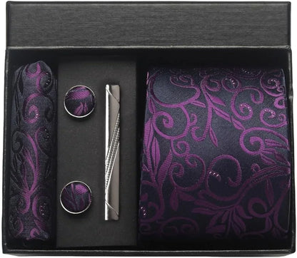 Silk Paisley Necktie Pocket Square Cufflinks Tie Clip Gift Set