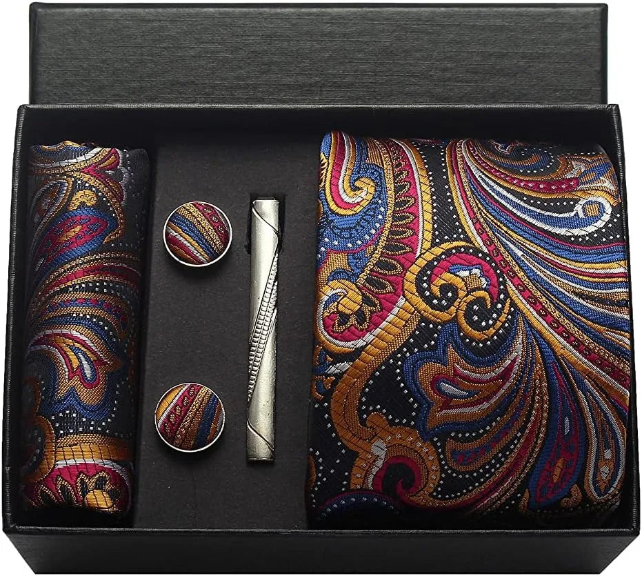 Silk Paisley Necktie Pocket Square Cufflinks Tie Clip Gift Set