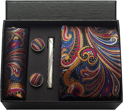 Silk Paisley Necktie Pocket Square Cufflinks Tie Clip Gift Set