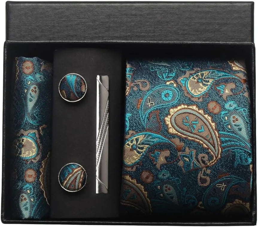 Silk Paisley Necktie Pocket Square Cufflinks Tie Clip Gift Set