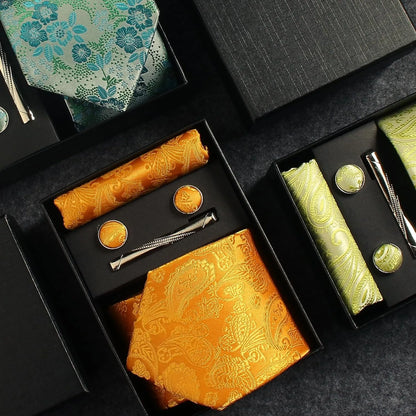 Silk Paisley Necktie Pocket Square Cufflinks Tie Clip Gift Set