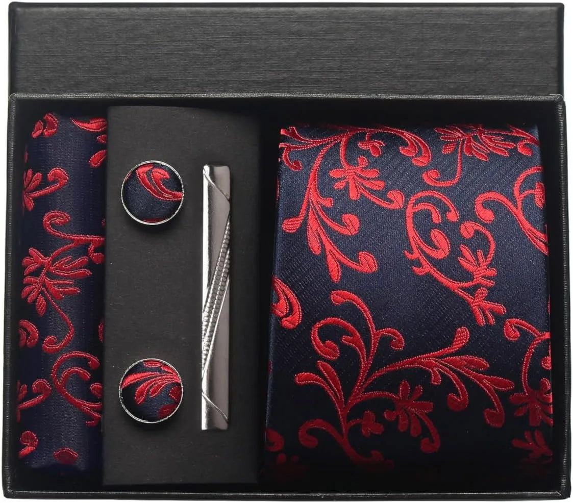 Silk Paisley Necktie Pocket Square Cufflinks Tie Clip Gift Set