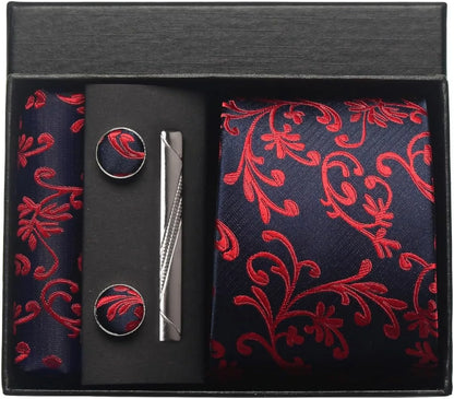 Silk Paisley Necktie Pocket Square Cufflinks Tie Clip Gift Set