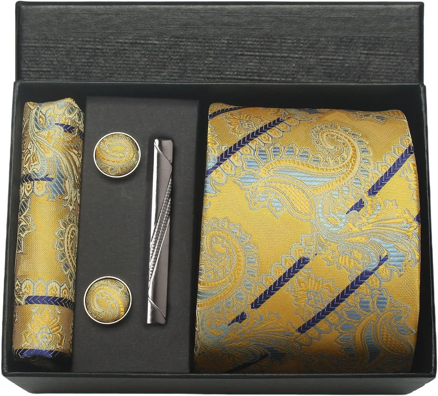 Silk Paisley Necktie Pocket Square Cufflinks Tie Clip Gift Set