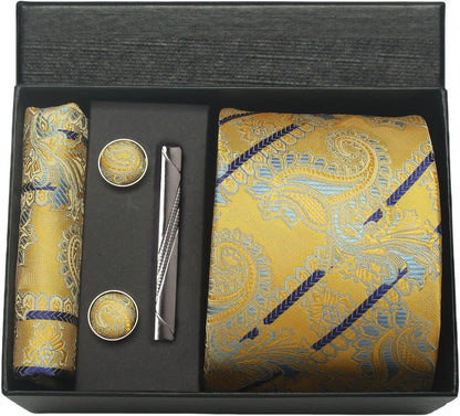 Silk Paisley Necktie Pocket Square Cufflinks Tie Clip Gift Set