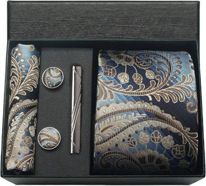 Silk Paisley Necktie Pocket Square Cufflinks Tie Clip Gift Set