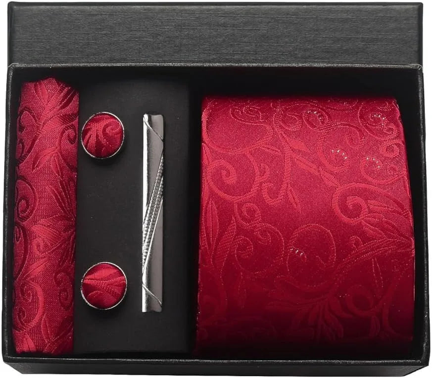 Silk Paisley Necktie Pocket Square Cufflinks Tie Clip Gift Set