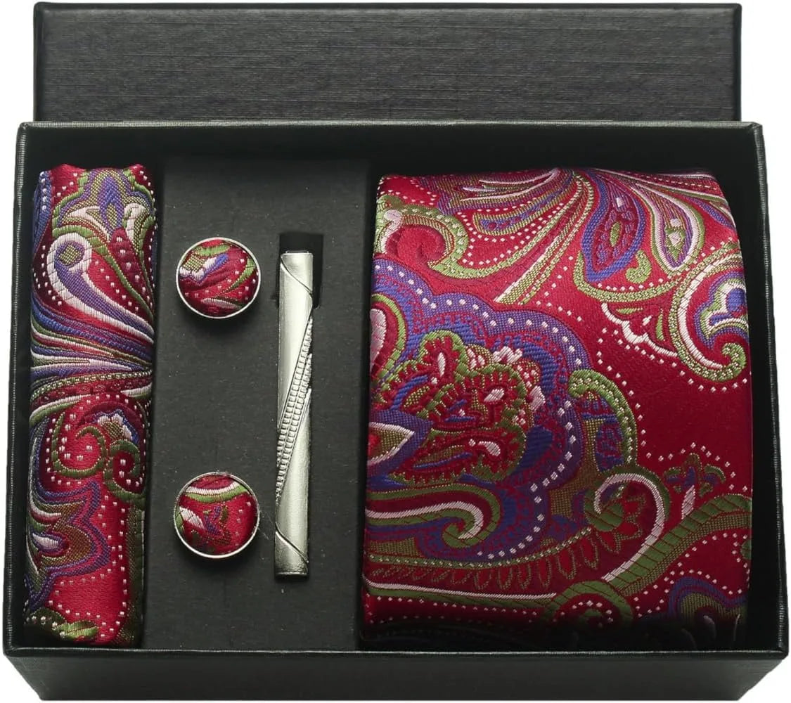 Silk Paisley Necktie Pocket Square Cufflinks Tie Clip Gift Set