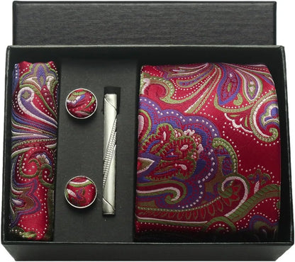 Silk Paisley Necktie Pocket Square Cufflinks Tie Clip Gift Set