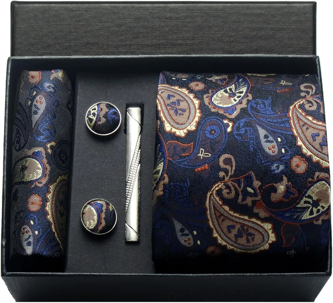 Silk Paisley Necktie Pocket Square Cufflinks Tie Clip Gift Set