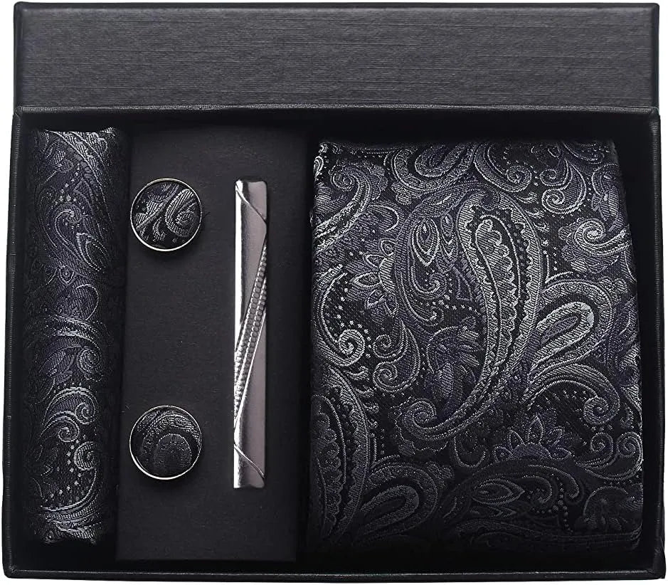 Silk Paisley Necktie Pocket Square Cufflinks Tie Clip Gift Set