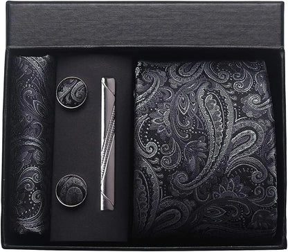 Silk Paisley Necktie Pocket Square Cufflinks Tie Clip Gift Set