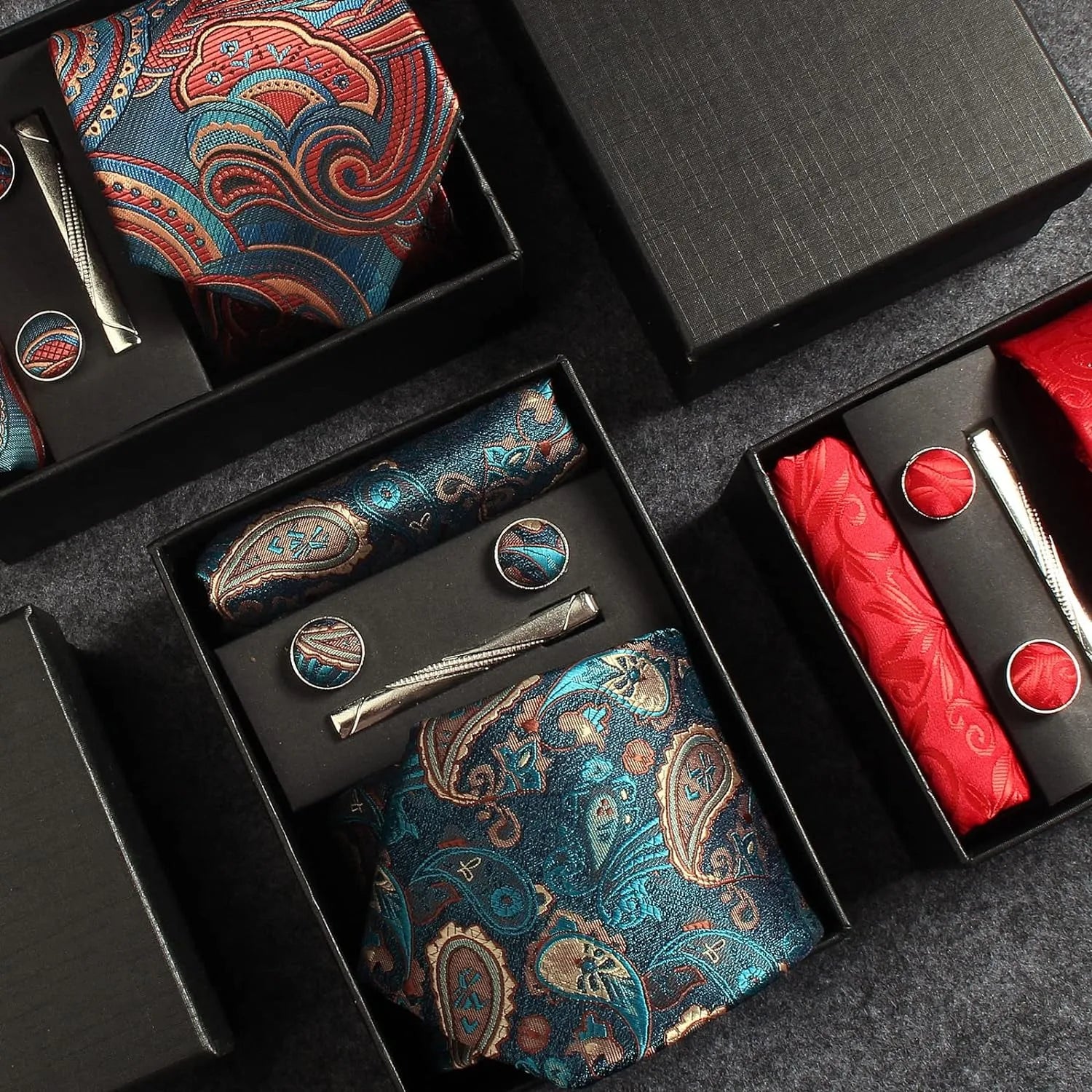 Silk Paisley Necktie Pocket Square Cufflinks Tie Clip Gift Set