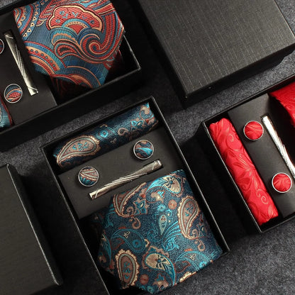 Silk Paisley Necktie Pocket Square Cufflinks Tie Clip Gift Set