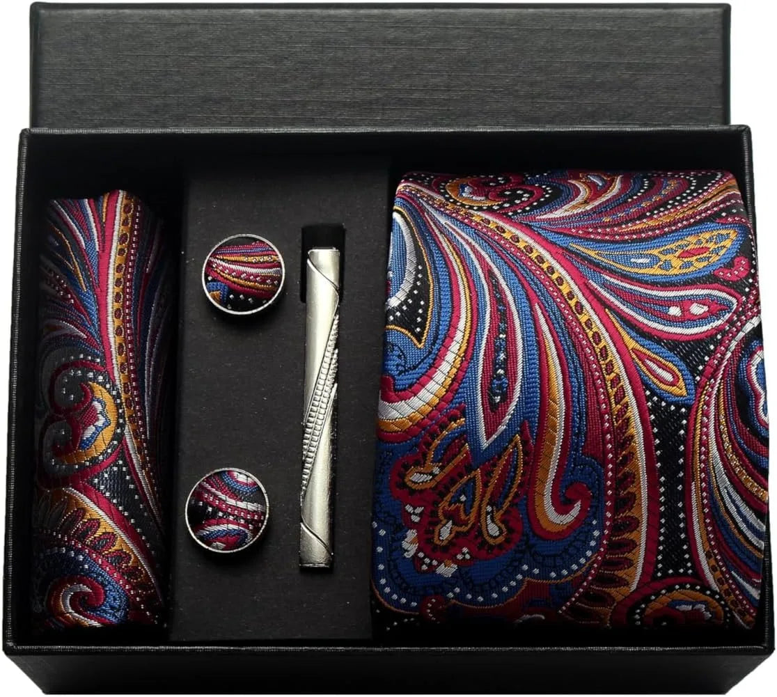 Silk Paisley Necktie Pocket Square Cufflinks Tie Clip Gift Set