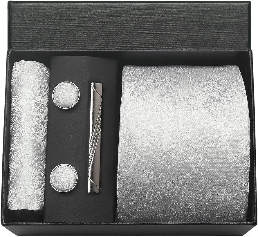 Silk Paisley Necktie Pocket Square Cufflinks Tie Clip Gift Set