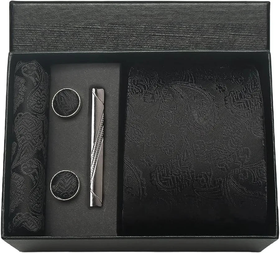 Silk Paisley Necktie Pocket Square Cufflinks Tie Clip Gift Set