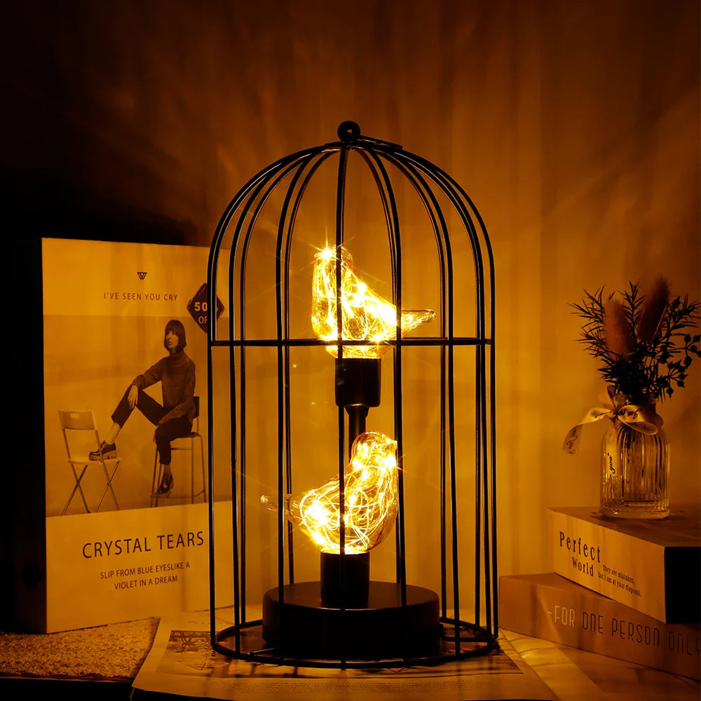 Battery Operated Birdcage Table Lamp with Fairy Lights