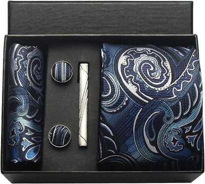 Silk Paisley Necktie Pocket Square Cufflinks Tie Clip Gift Set