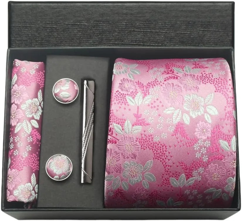 Silk Paisley Necktie Pocket Square Cufflinks Tie Clip Gift Set