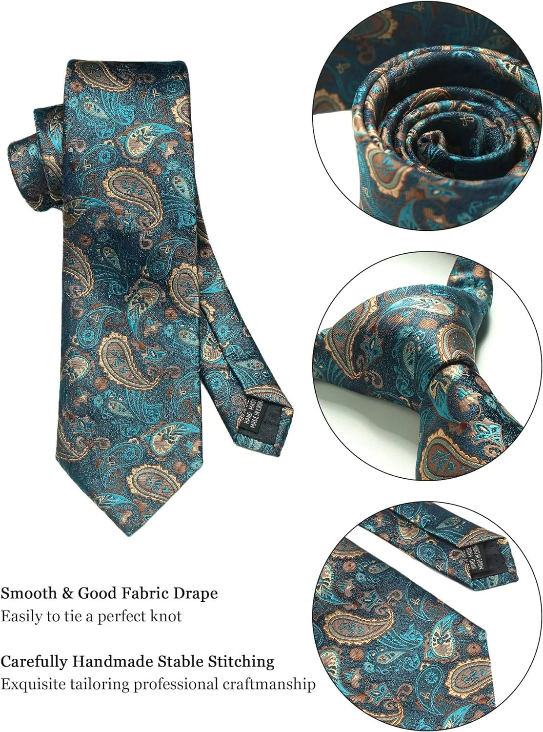 Silk Paisley Necktie Pocket Square Cufflinks Tie Clip Gift Set