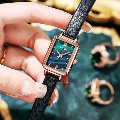 Elegant Rectangle Leather Women Watch 40Mm