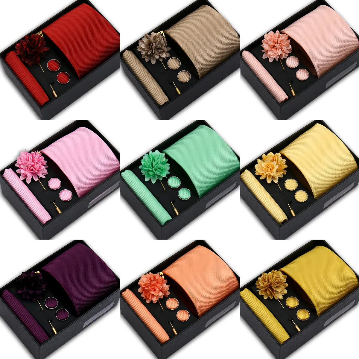 Solid Color Tie Hanky Cufflinks Brooch Gift Set Valentines Gifts For Him