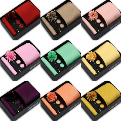 Solid Color Tie Hanky Cufflinks Brooch Gift Set Valentines Gifts For Him