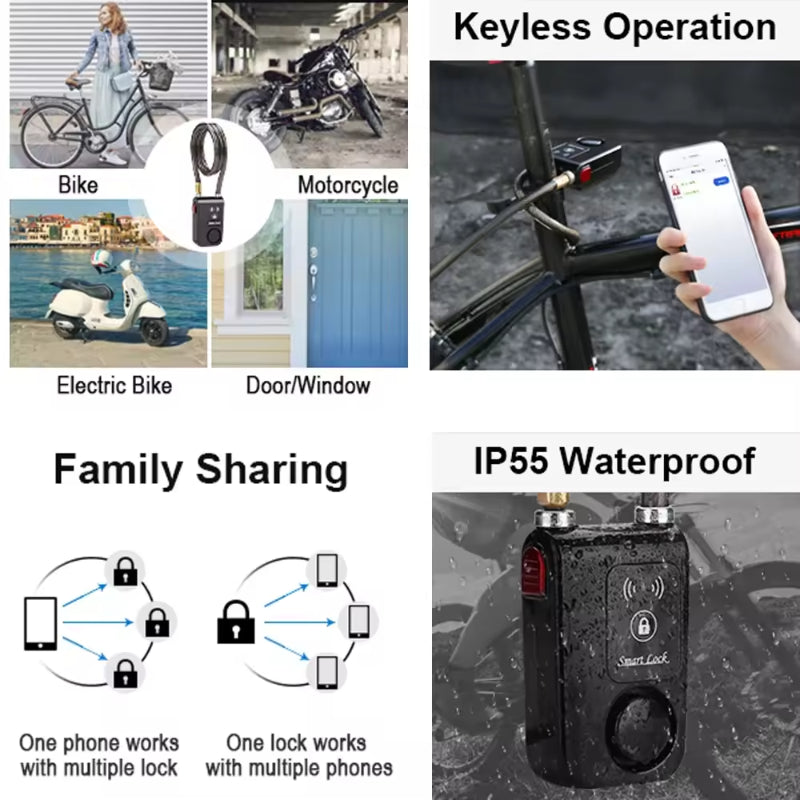 Smart Bike Lock With Alarm Waterproof 110 Db Cable Lock Alarm For Bike Motorcycle Bluetooth