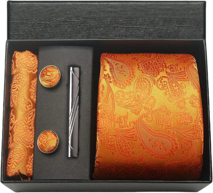 Silk Paisley Necktie Pocket Square Cufflinks Tie Clip Gift Set