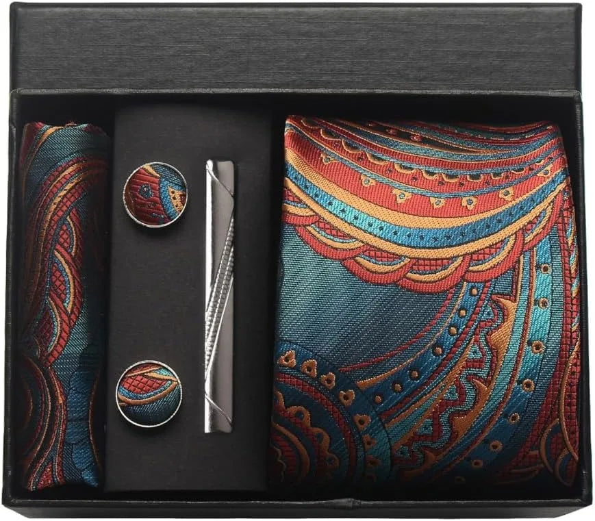Silk Paisley Necktie Pocket Square Cufflinks Tie Clip Gift Set