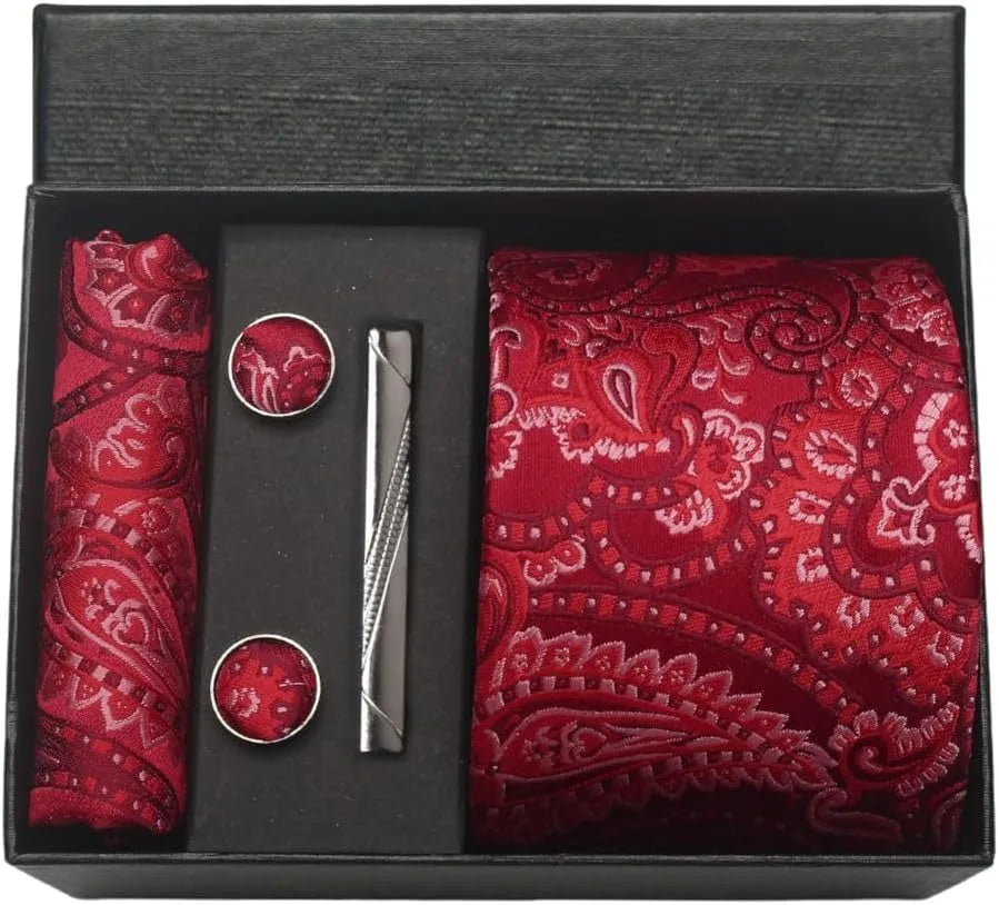 Silk Paisley Necktie Pocket Square Cufflinks Tie Clip Gift Set