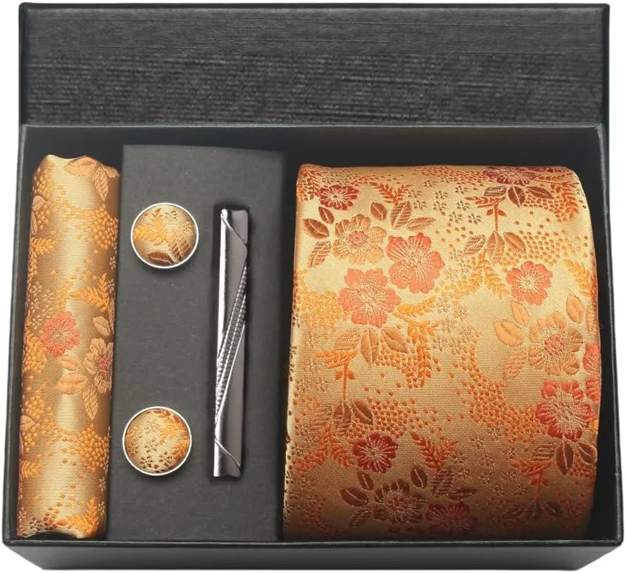 Silk Paisley Necktie Pocket Square Cufflinks Tie Clip Gift Set