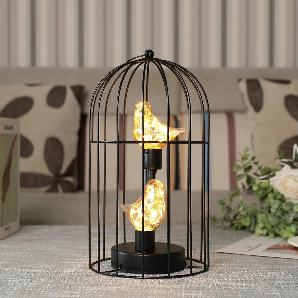 Battery Operated Birdcage Table Lamp with Fairy Lights