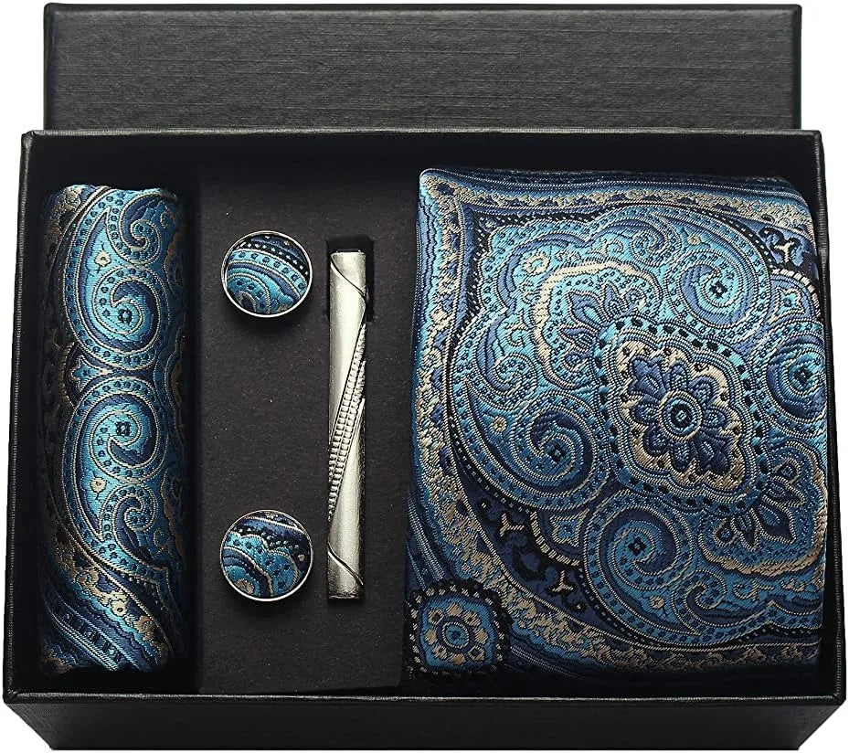 Silk Paisley Necktie Pocket Square Cufflinks Tie Clip Gift Set