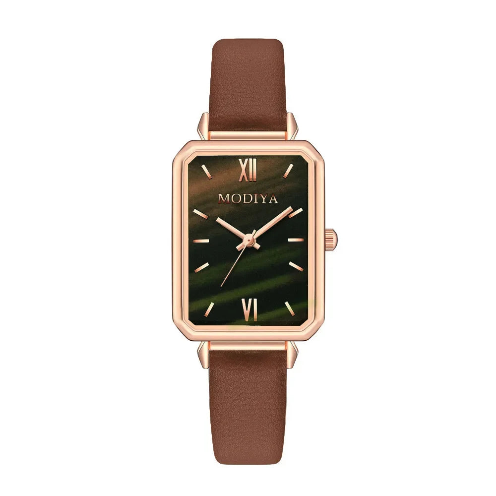 Elegant Rectangle Leather Women Watch 40Mm